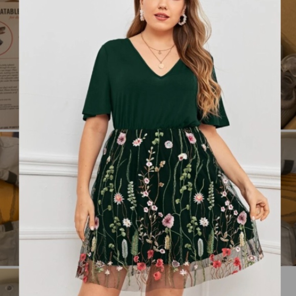 SHEIN Green Floral Embroidered Mesh A-line Dress (0XL)